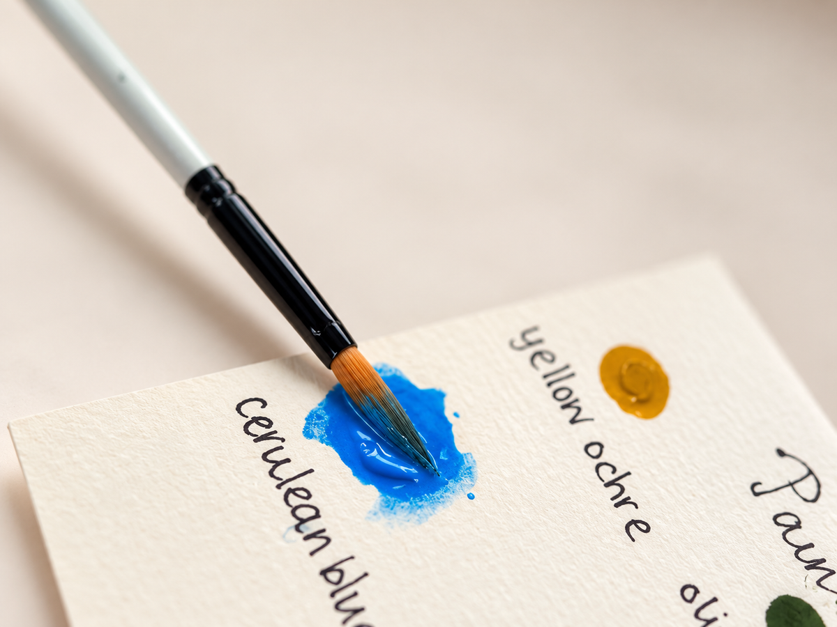 Close-up of a paintbrush applying blue paint to a textured paper palette, with handwritten color labels including 'Cerulean blue' and 'Yellow ochre'.